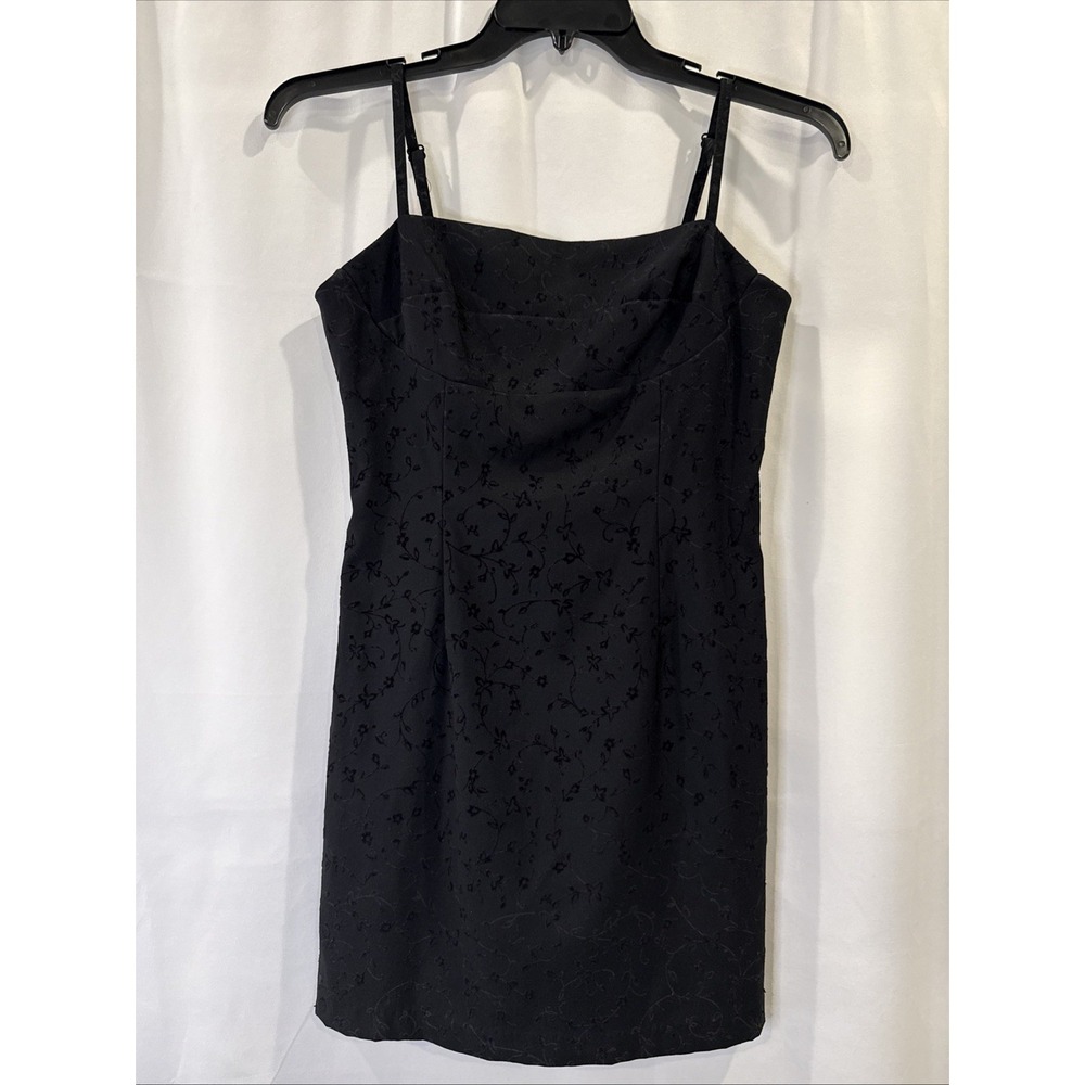 Black Floral Jacquard Mini Dress Adjustable Spaghetti Strap Side Slit Size M